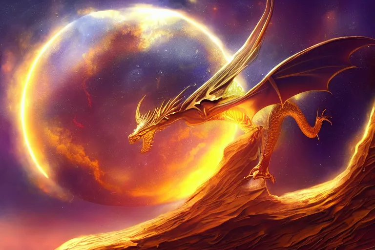 Prompt: a golden dragon the size of a planet soaring through space with nebulae in the background, digital art, fantasy artwork, extremely detailed, trending on artstation, award - winning, art from the greatest fantasy artists,