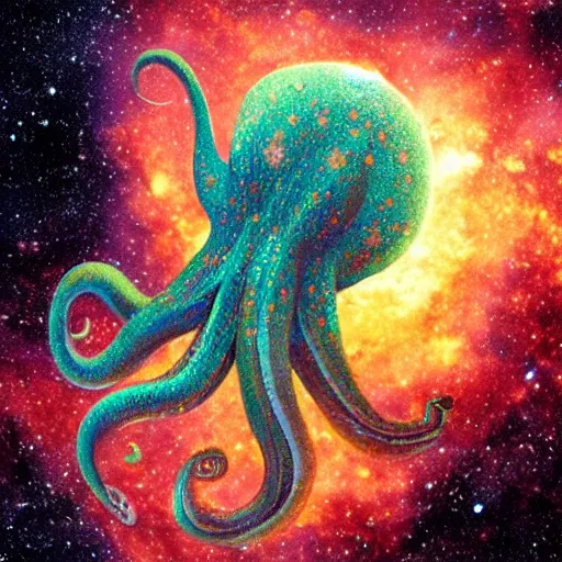 Image similar to a giant octopus god made of stars in floating among the galaxies of the milky way