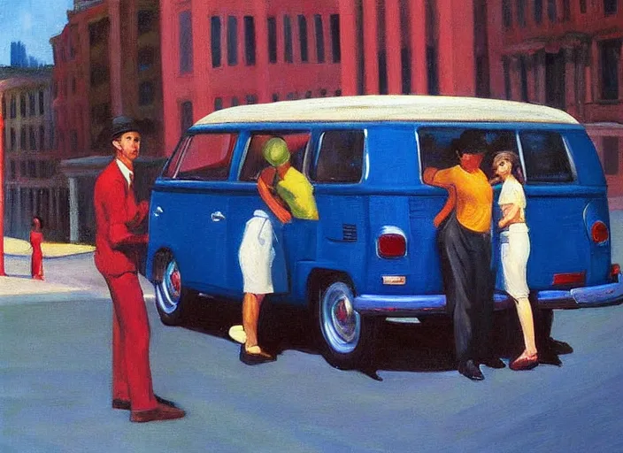 Prompt: detailed painting two young men and women near blue vw bus by edward hopper, bernardo bertolucci dreamers movie scene