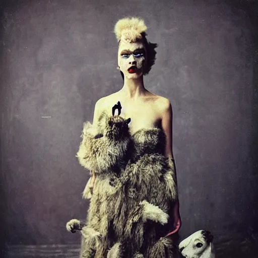 Image similar to damaged kodak portra 4 0 0, wetplate, photo of a surreal artsy dream scene,, very beautiful model, weird fashion, grotesque, extravagant dress, strange pose, carneval, with an animal, wtf, photographed by paolo roversi style