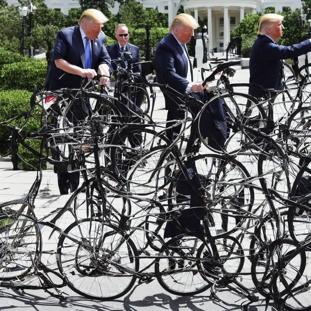 Prompt: trump repairs one bicycle outside the white house