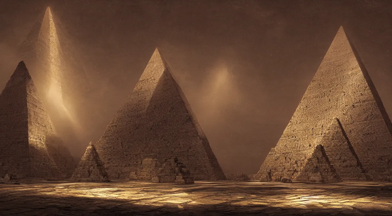 Image similar to ancient pyramid with a large illuminated gateway, fractal structure, cellular biology by glenn small, by ernst haeckel, by albert bierstadt, photorealistic, zaha hadid, god rays, volumetric lighting, detailed, intricate, delicate, raytrace, octane, light fog, neon, bladerunner
