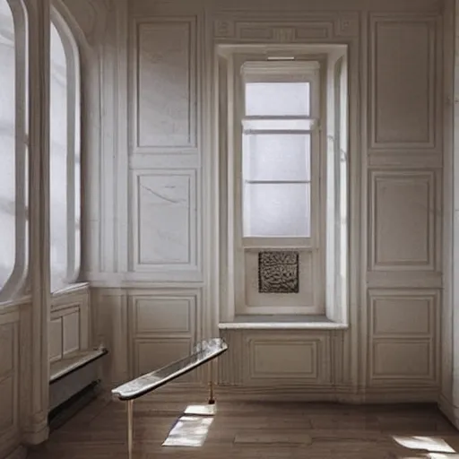 Image similar to cream - colored room, vanilla - colored lighting, marble room, marble slabs, window to night time, night time, warm lighting inside, art by artgerm