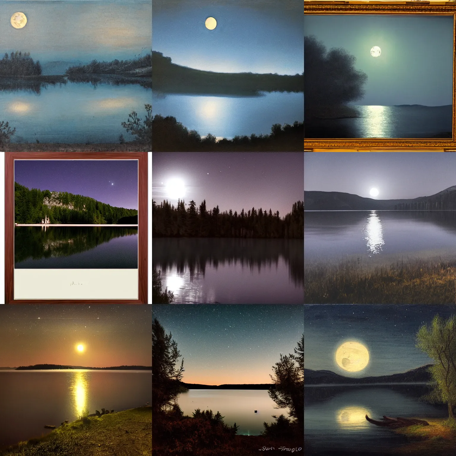 Prompt: Sfumato of a moonlit lake at night