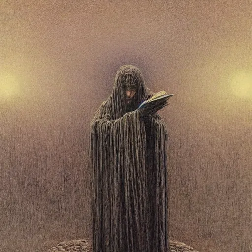 Image similar to ((black magic sorcerer with a book of spells)) by Beksinski, Luis Royo