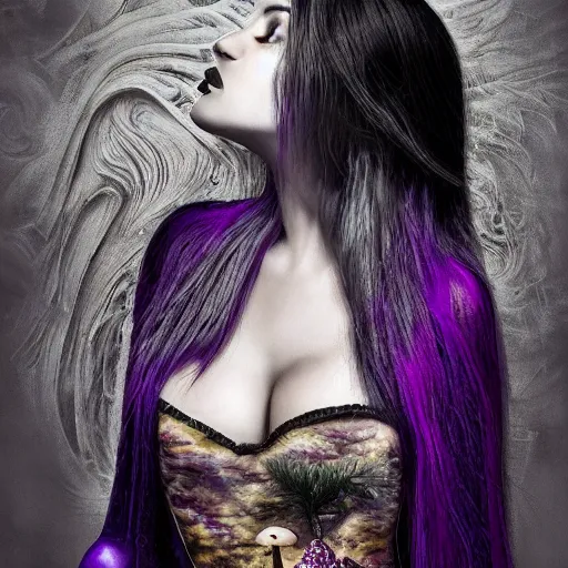 Image similar to photorealisticsoft paint of absurdities and mushrooms, very beautiful female curvy full gothic long dress, ultra deep fog, purple black lustrous thin haircut, symmetry accurate features, focus, very intricate ultrafine details, award winning masterpiece