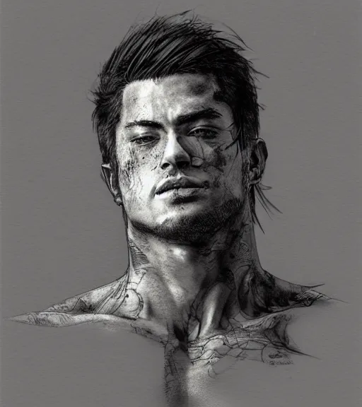 Prompt: portrait of anime zyzz, pen and ink, intricate line drawings, by craig mullins, ruan jia, kentaro miura, greg rutkowski, loundraw