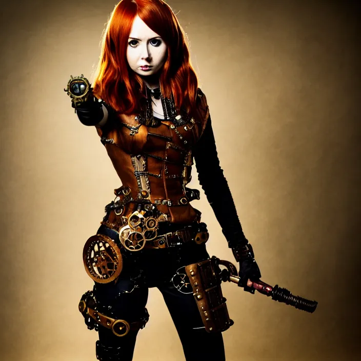 Prompt: full body photograph of karen gillan as a steampunk warrior, Extremely detailed. 8k
