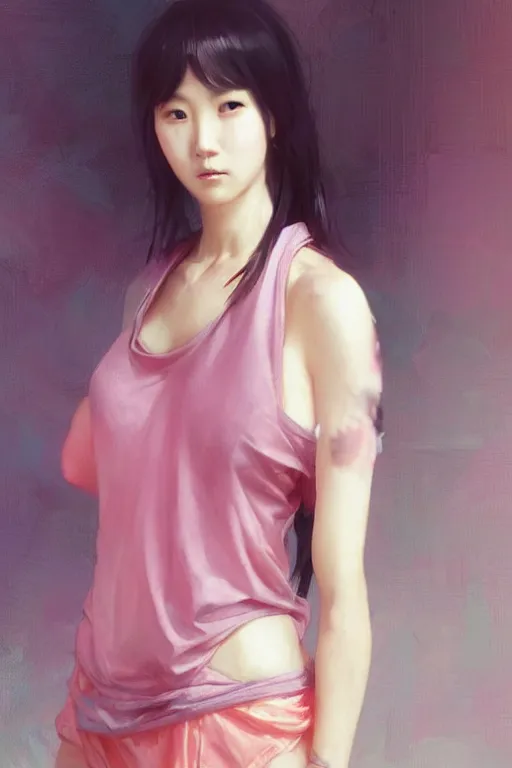 Image similar to Korean cyberpunk female with torn pink tank top, digital art from artstation by Ruan Jia and Mandy Jurgens and Artgerm and william-adolphe bouguereau