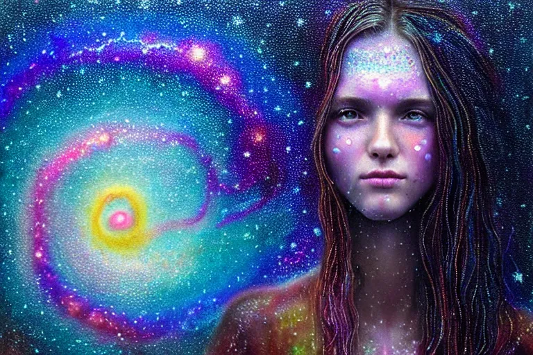 Prompt: girl finding spiritual freedom in psychedelic LSD rain with wet hair and face, morphing to stary complex spiral galaxy, fantasy, intricate, elegant, dramatic lighting, emotionally evoking symbolic metaphor, highly detailed, lifelike, photorealistic, digital painting, artstation, concept art, smooth, sharp focus, illustration, art by John Collier and Albert Aublet and Krenz Cushart and Artem Demura and Alphonse Mucha