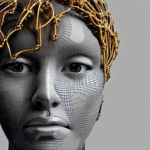 Image similar to highly detailed 3 d render of a full shot view, looking forward of a female cyborg head and face made from extreme numbers of wires and beads, silver, gold, with ornate hair made of the same sticking up, by russian artist igor goryunov, 8 k resolution, photo realistic symmetrical