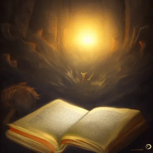 Image similar to light falling on a mythical book in dark background, artstation