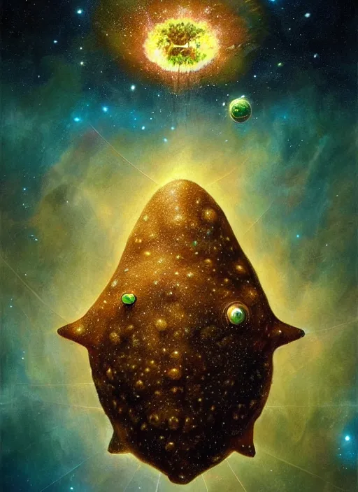 Prompt: an enormous boxfish floating through the cosmos, cosmic horror painting, elegant intricate digital painting artstation concept art by mark brooks and brad kunkle detailed