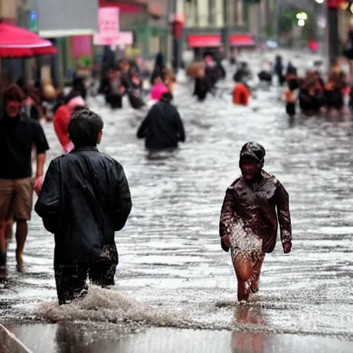 Prompt: people on street get flooded on chocolate liquid rain,
