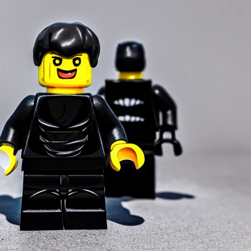 Image similar to macro photo of lego figure of angry men in black Adidas tracksuit