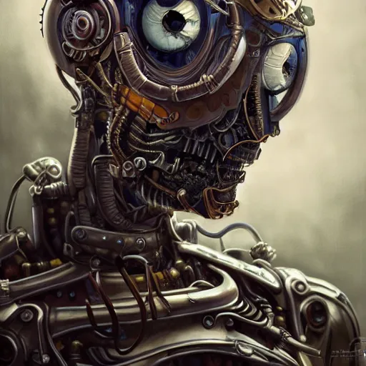 Image similar to portrait painting of a steampunk cyborg alien, transhumanism, ultra realistic, concept art, studio ghibli, intricate details, eerie highly detailed