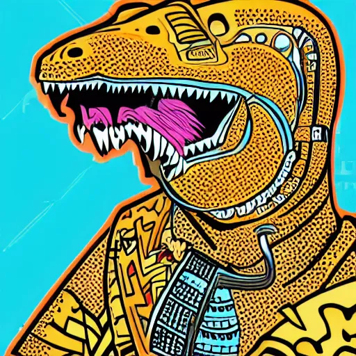 Prompt: memphis design, retro, 90s, detailed illustration, dinosaur samurai with a boombox