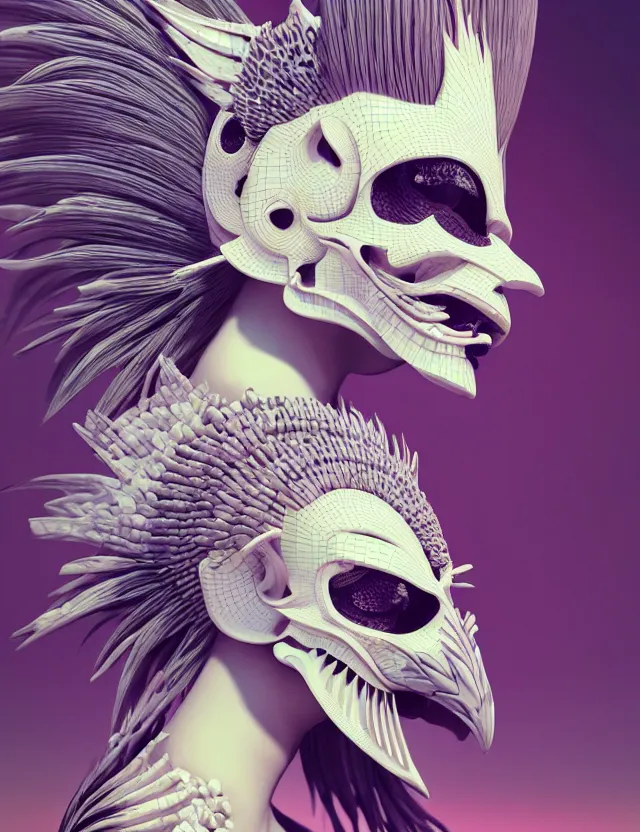 Image similar to 3 d goddess close - up profile simple portrait punk with mohawk with goat skull. beautiful intricately detailed japanese crow kitsune mask and clasical japanese kimono. betta fish, jellyfish phoenix, bio luminescent, plasma, ice, water, wind, creature, artwork by tooth wu and wlop and beeple and greg rutkowski