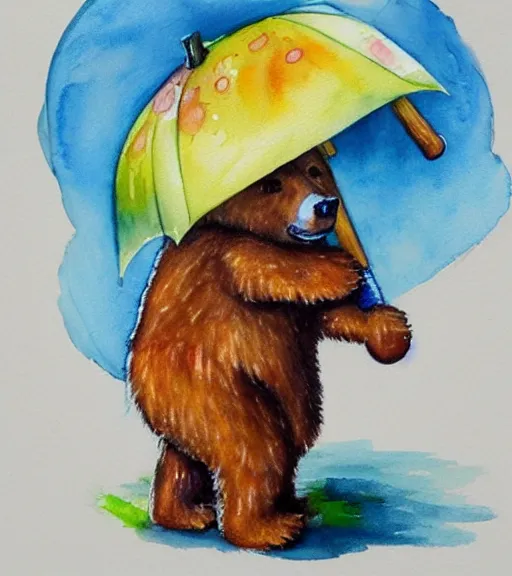 Image similar to autumn a bear with an umbrella cartoon watercolor trending on artstation