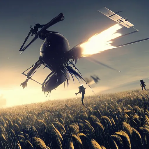 Image similar to a high resolution very detailed image of yorha android fighting a helicopter in nier : automata boss fight, in yellow rye field under blue sky