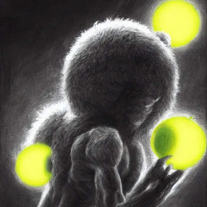 Image similar to cinematic portrait of a tennis ball monster in the abyss of space, chalk, masterpiece, trending on artstation, featured on pixiv, cinematic composition, dramatic pose, beautiful lighting, sharp details, hyper-detailed, HD, HDR, 4K, 8K, art by Basil Gogos