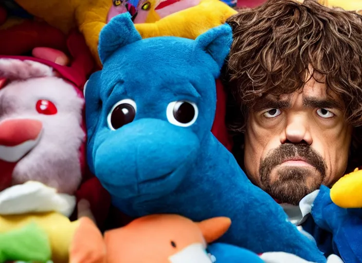 Image similar to peter dinklage hiding in stuffed animals at night, movie still, from the new toys r us movie, 8 k, realistic