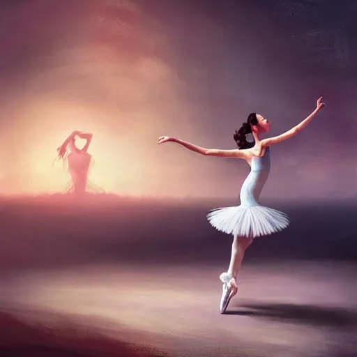 Prompt: a beautiful ballerina dancing during the end of the world, surrealism, digital art, artstation, smooth, sharp, high quality
