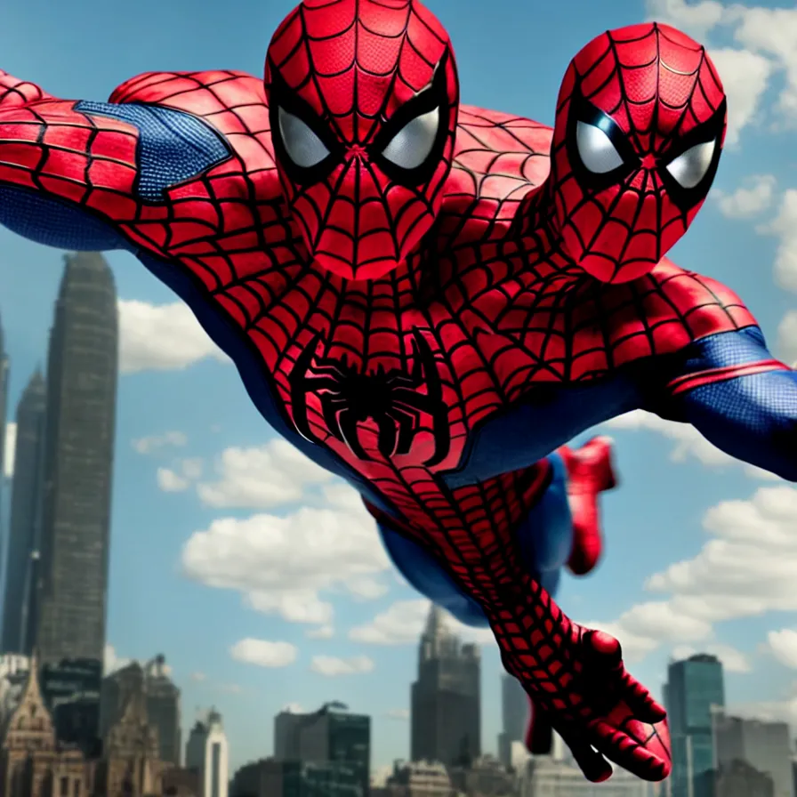 Image similar to red and yellow, dark fantasy spiderman outfit, large eyes, white webbing, movie still from the avengers