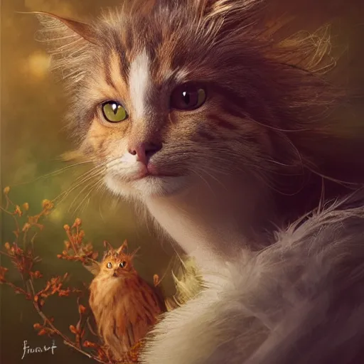 Image similar to portrait character design, a cute feathered cat in an autumn forest, feathers plumage, plumed by brian froud, portrait studio lighting by jessica rossier and brian froud and gaston bussiere