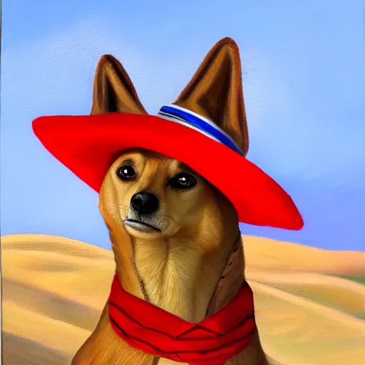 Image similar to Oil painting of a doge wearing a sombrero and a red neckerchief in the desert