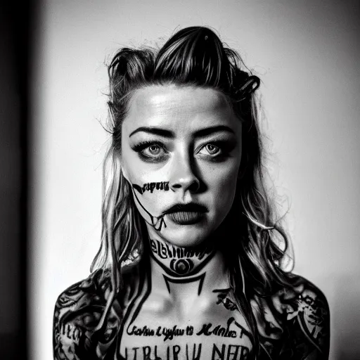 Image similar to amber heard with tattoos on her face in orange prison uniform, ultra realistic, canon 3 5 mm portrait photography, 8 k