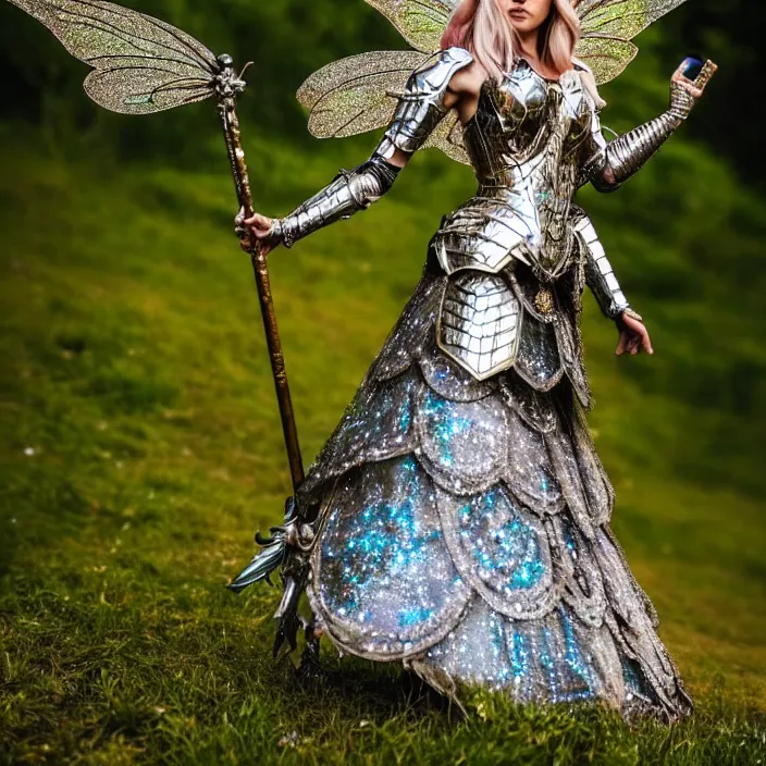 Prompt: full length photo of a very beautiful!! fairy queen with ornate sparkling armour, highly detailed, 4 k, hdr, smooth, sharp focus, high resolution, award - winning photo