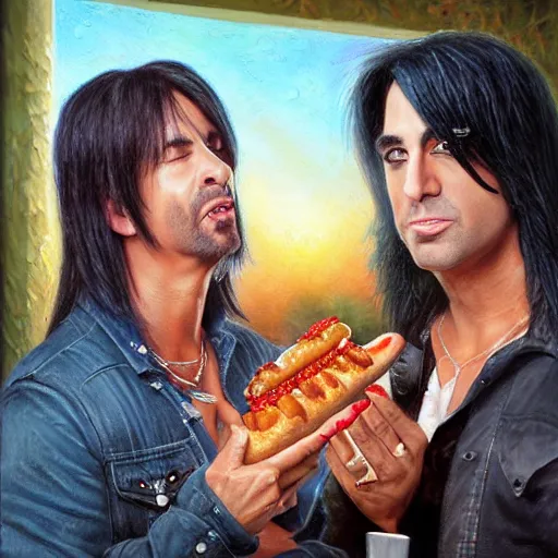 Image similar to portrait of brett michaels and criss angel sharing hotdogs, an oil painting by ross tran and thomas kincade