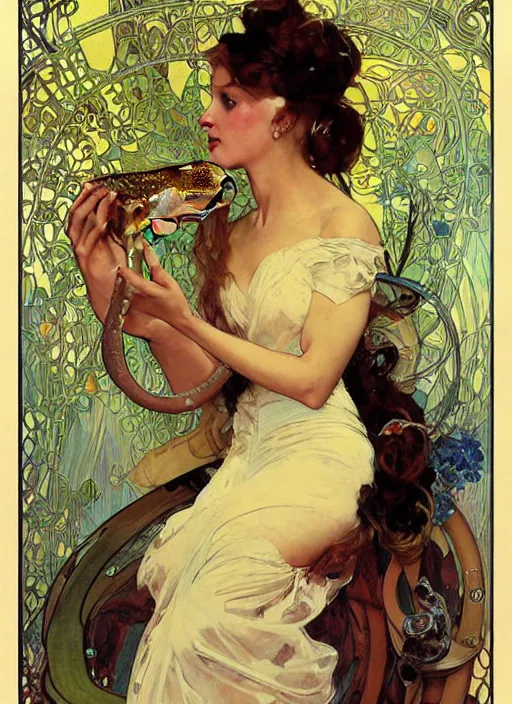 Image similar to an art nouveau copic maker portrait of a woman with a snake by john berkey by stanley artgerm lau, alphonse mucha, loish, norman rockwell
