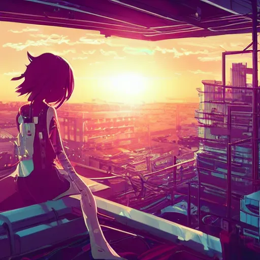 Prompt: android mechanical cyborg anime girl overlooking overcrowded urban dystopia. long flowing soft hair. scaffolding. pastel pink clouds baby blue sky. gigantic future city. raining. makoto shinkai. wide angle. distant shot. purple sunset. perfectly circular sun. sunset ocean reflection.