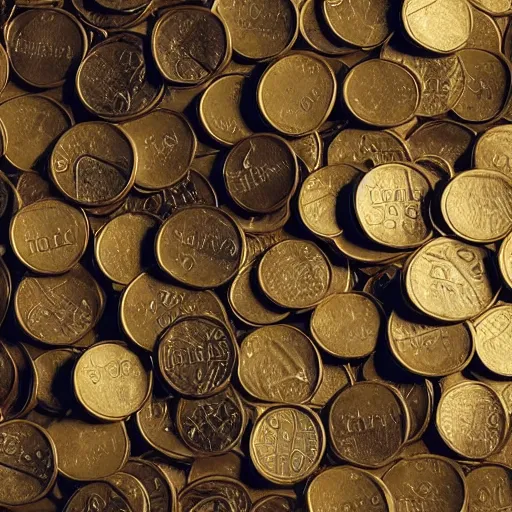 Prompt: heap of coins marked with plus and minus, product photo, volumetric lighting, studio