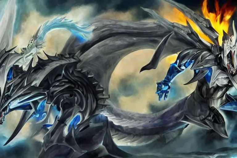 Image similar to a blue - eyes white dragon ( from the yu - gi - oh ), heavily armed and armored facing down the dark magician ( from yu - gi - oh ), in a dark and gritty version from the makers of mad max : fury road. witness me.