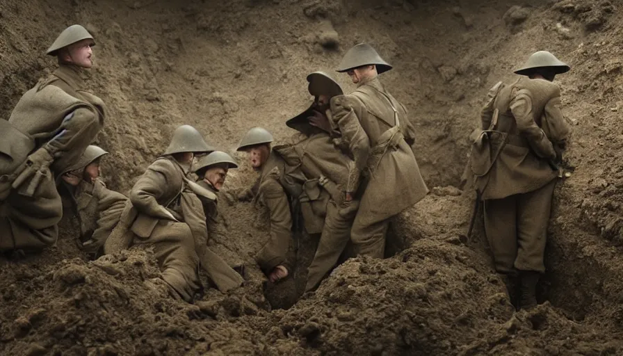 Image similar to World War 1 soldier ghosts in abandoned trenches, cinematic lighting, IMAX cinematography