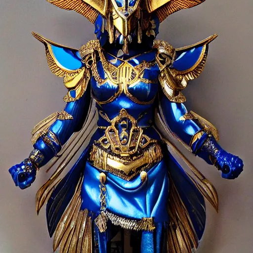 Image similar to art deco valkyrie, blue and gold ornate armor, highly detailed, intricate detail, art station,