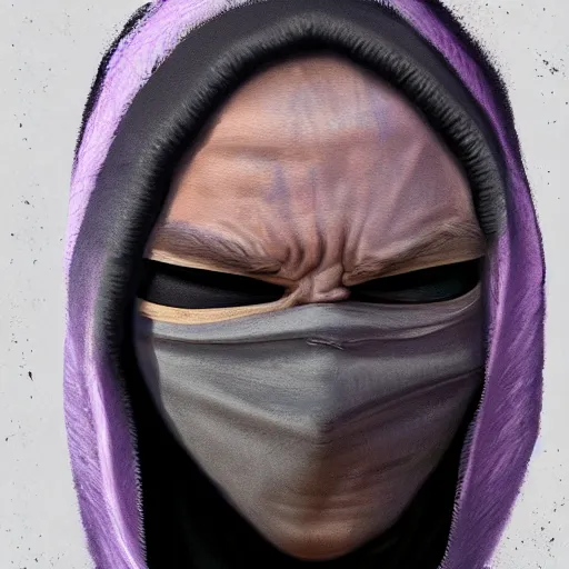 Image similar to ultra realistic illustration, man in a black hood, in a striped purple balaclava, mysterious, highly detailed, digital painting, artstation, concept art, smooth, sharp focus, illustration