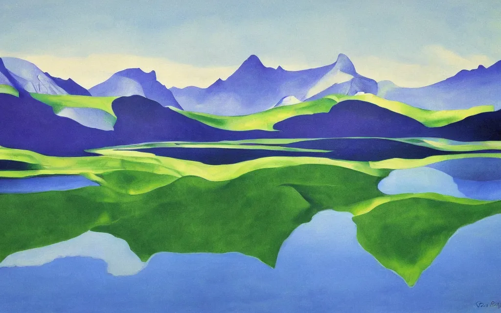 Prompt: the alps and reflection in a lake in the style of georgia o keeffe. colorful, wavy. painting. medium long shot. perspective. color palette of blue, yellow, purple, green.