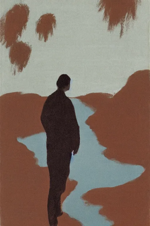 Prompt: man standing by a river, 1960’s minimalist advertising illustration, painterly, expressive brush strokes