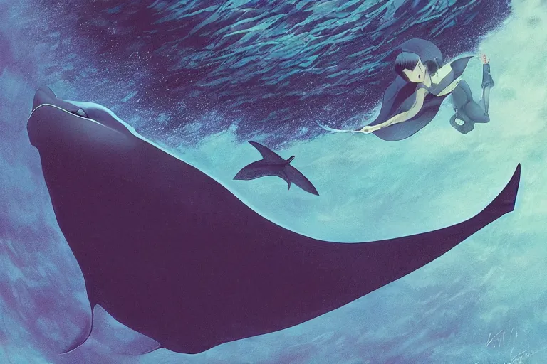 Prompt: a huge manta ray, | fine detail anime, cel shaded by ilya kuvshinov, katsuhiro otomo, magali, artgerm, jeremy lipkin and yoshiaki kawajiri