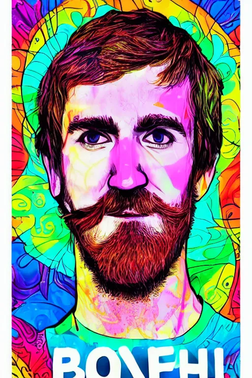 Image similar to inspirational style hope poster of bo burnham with beard, psychedelic colors, highly detailed, realistic, loving