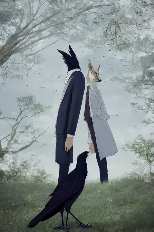 Prompt: Beastars' Louis wearing a white formal coat conversing with a crow, hyperrealistic, concept art, octane render, trending on DeviantArt, highly detailed, high quality, 8K, soft lighting, cute, natural lighting, anime face, trending on Artstation, e621, elegant clothes, profile picture, path traced, house background