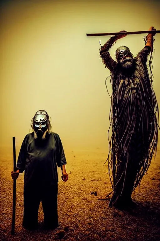 Image similar to full body shot of hanging old asian man with long beard, his head covered in roots, full face occult silver mask, bright multiple glowing eyes, holding a large carved wooden dark fractal stick, hanging upside down, thick smoke around him, in the burning soil desert, cinematic shot, wide angle, dark desert background, volumetric lighting by Denis Villeneuve, Lubezki, Gaspar Noe, Christopher Doyle and Alejandro Jodorowsky, anamorphic lens, anamorphic lens flares, kodakchrome, cinematic composition, practical effects, award winning photo, 8k