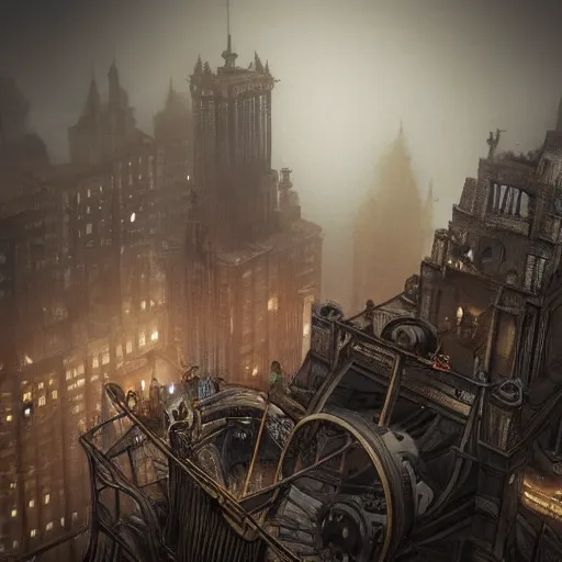 Image similar to a steampunk city shrouded in fog, highly detailed, 8k, sharp focus, trending on artstation