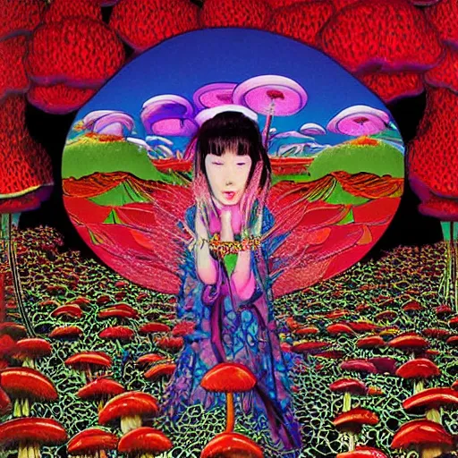 Image similar to a japanese psychedelic love goddess, a sense of awe, offering mushrooms, illustration, slime, amanita - muscaria, elegant, hyper realistic, super detailed, by tadanori yokoo