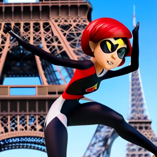 Prompt: dynamic angle of superheroe Marinette Dupain-Cheng from Miraculous: Tales of Ladybug & Cat Noir action pose in front of the eiffel tower, octane render, close-up, fresh, sunny day