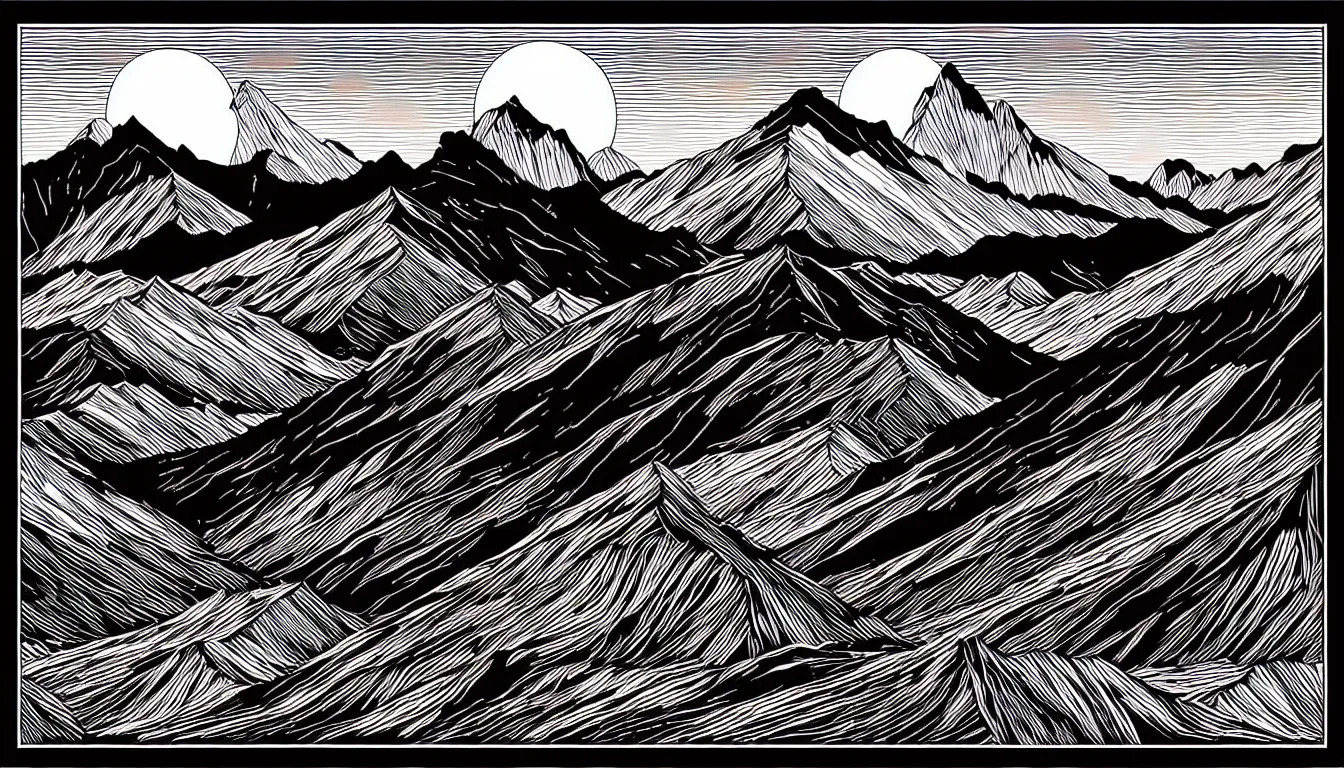 Prompt: himalayas by dan mumford and peter doig and edward hopper, symmetrical, minimal, black ink, thick lines highly detailed, muted colours 8 k